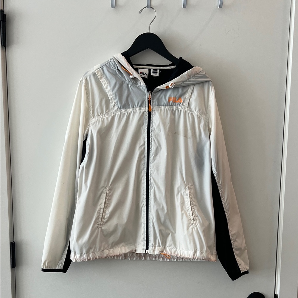 Fila Lightweight Hooded Windbreaker Jacket - White with Black Panels